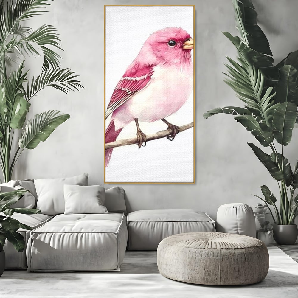 Tablou canvas cu tablou canvas cu pasare roz pe creanga, in rama de aluminiu auriu, pe perete intr-un living